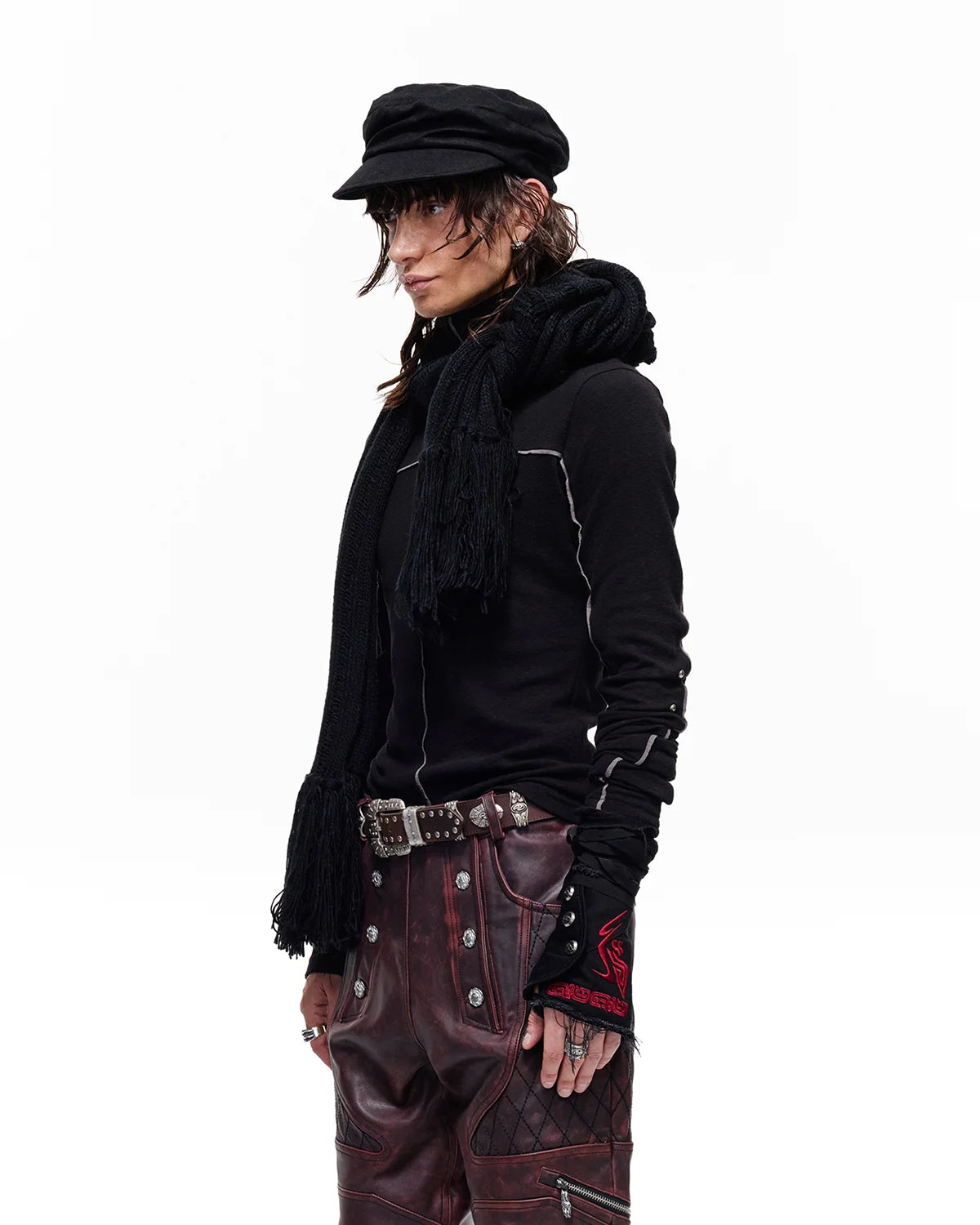 Personsoul Rhinestone Panel-Line Turtleneck Black