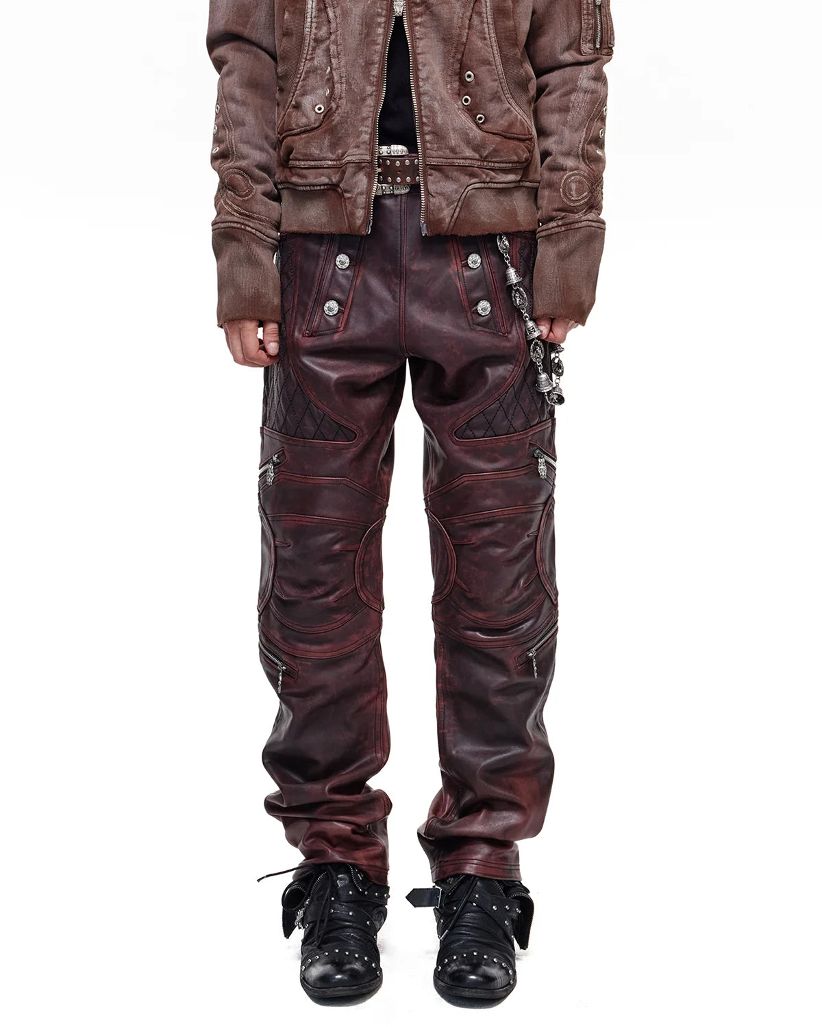 Personsoul Rubbed Red Calfskin Straight-Leg Pants