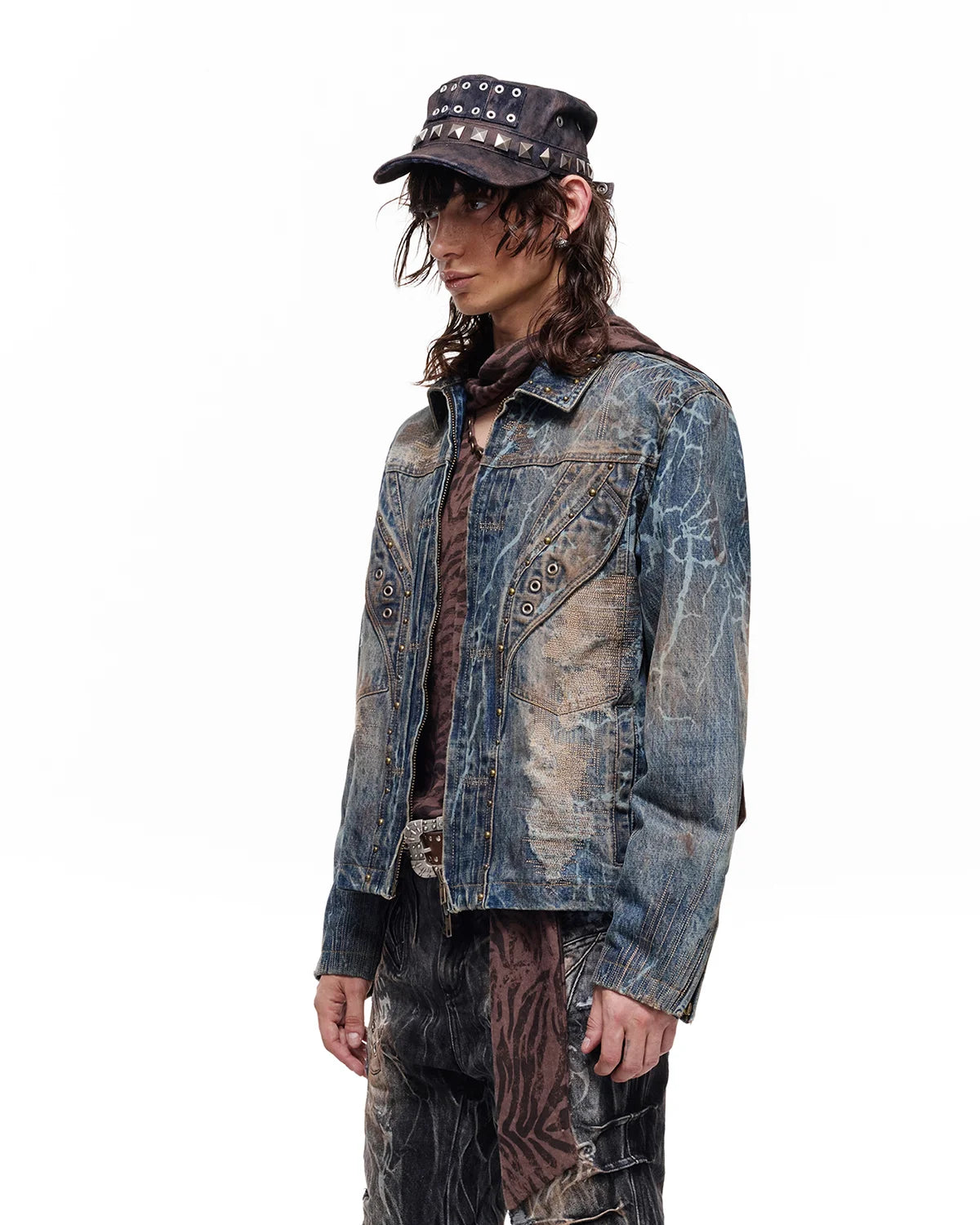 Personsoul Washed Denim Laser-Crack Jacket