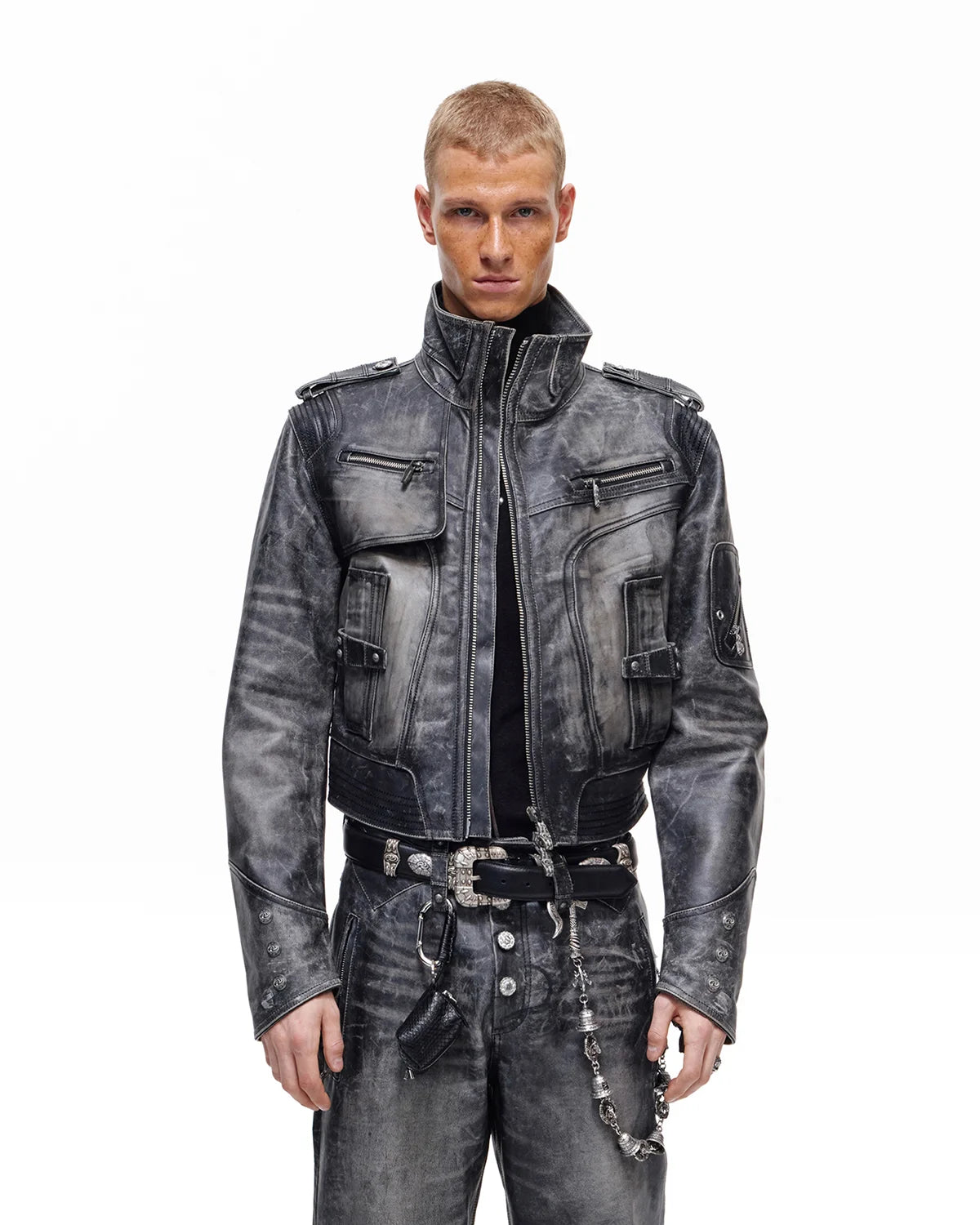 Personsoul Top-Grain Calfskin Distressed Cropped Jacket
