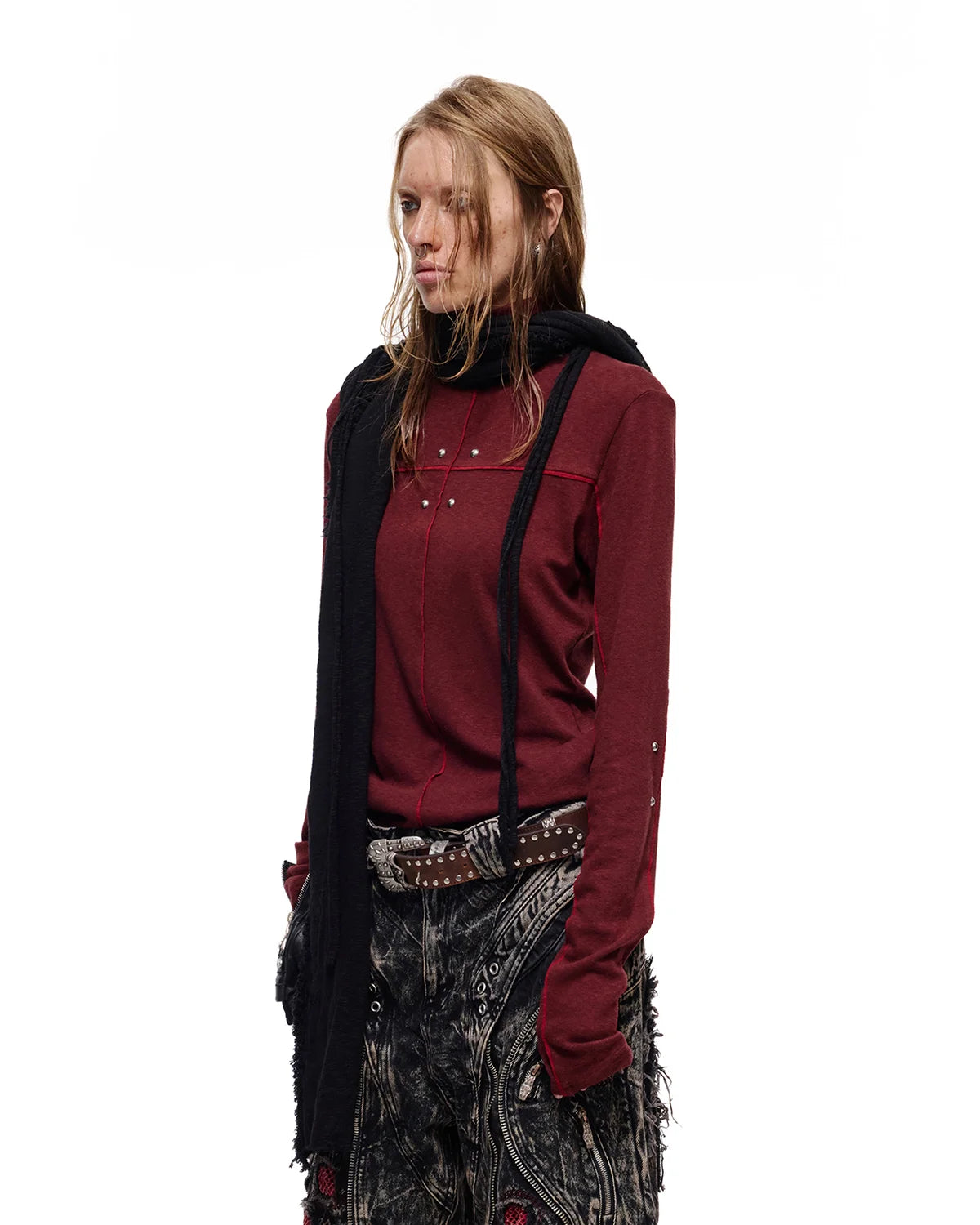 Personsoul Rhinestone Panel-Line Turtleneck Red