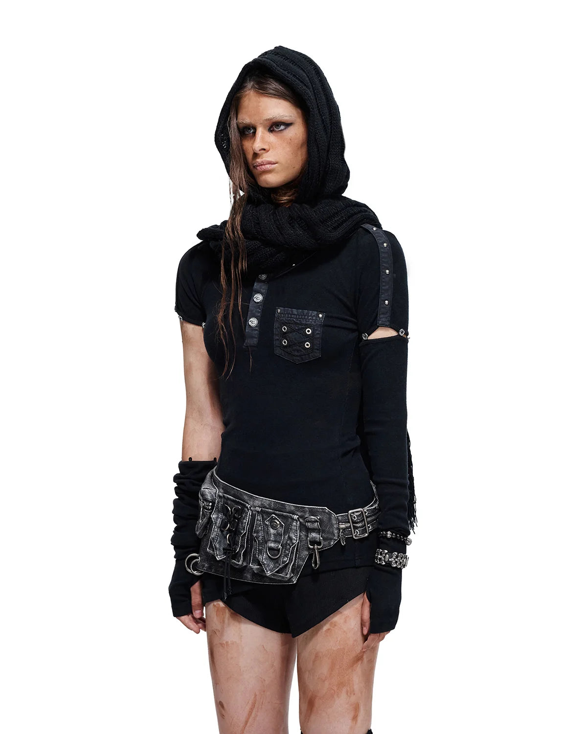 Personsoul Asymmetric-Hem Long Sleeve with Detachable Sleeves Black