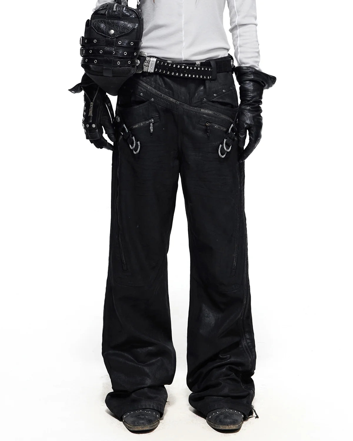 Personsoul Curved-Zipper Waxed Pants