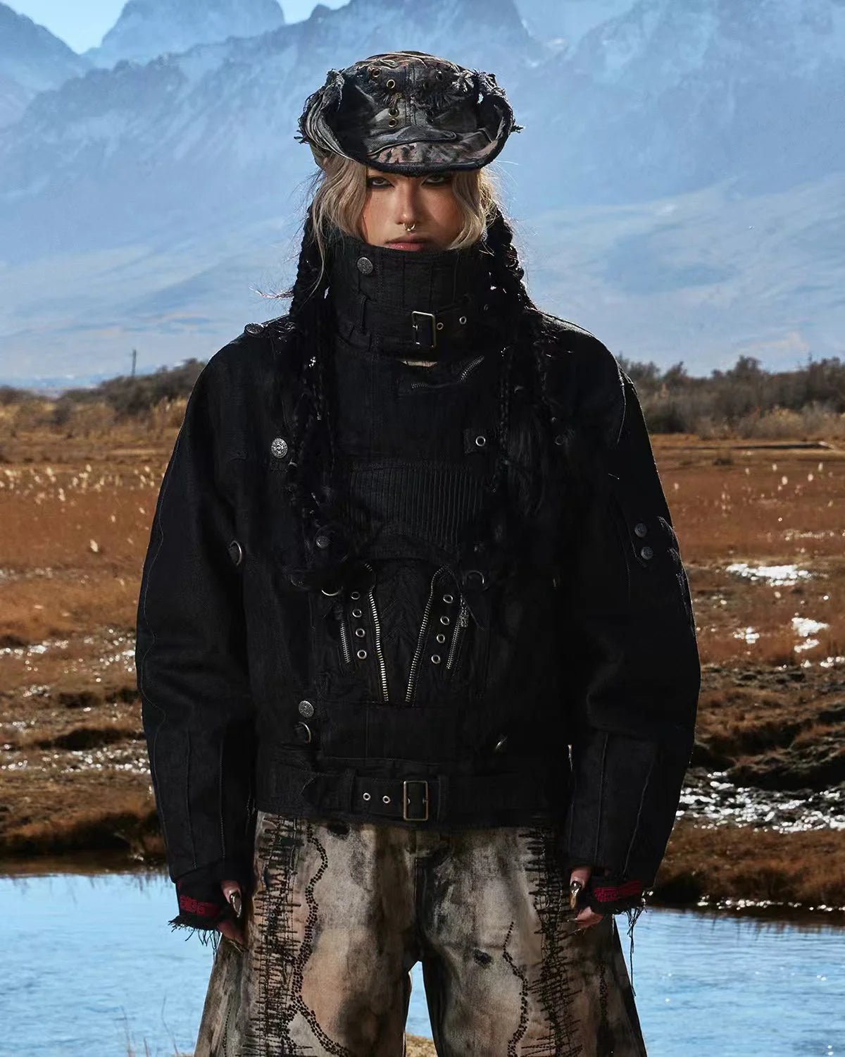 Personsoul Embroidered Stand-Collar Washed Denim Jacket In Black