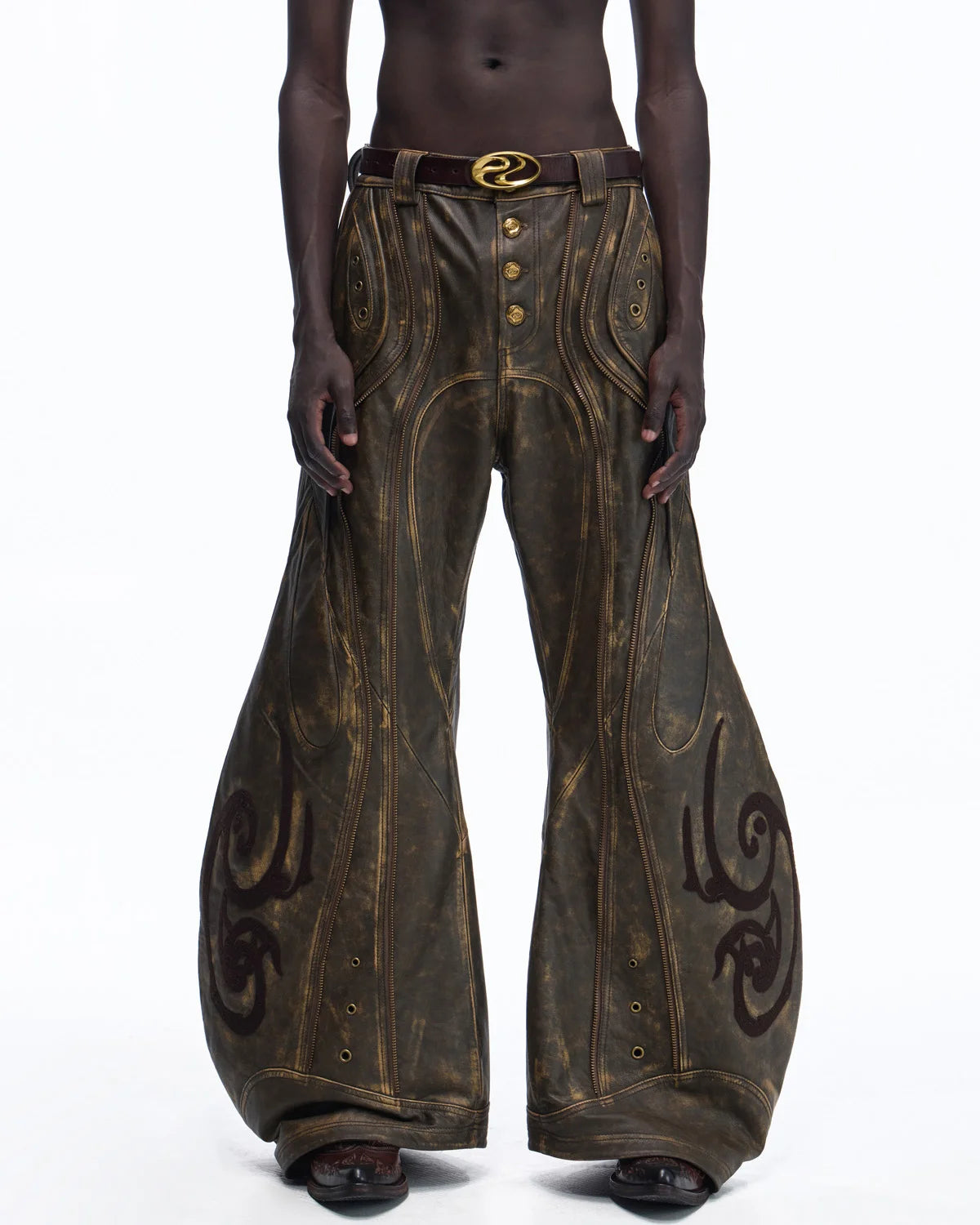 Personsoul Structured Totem Curved-leg Calf Leather Pants(Limited