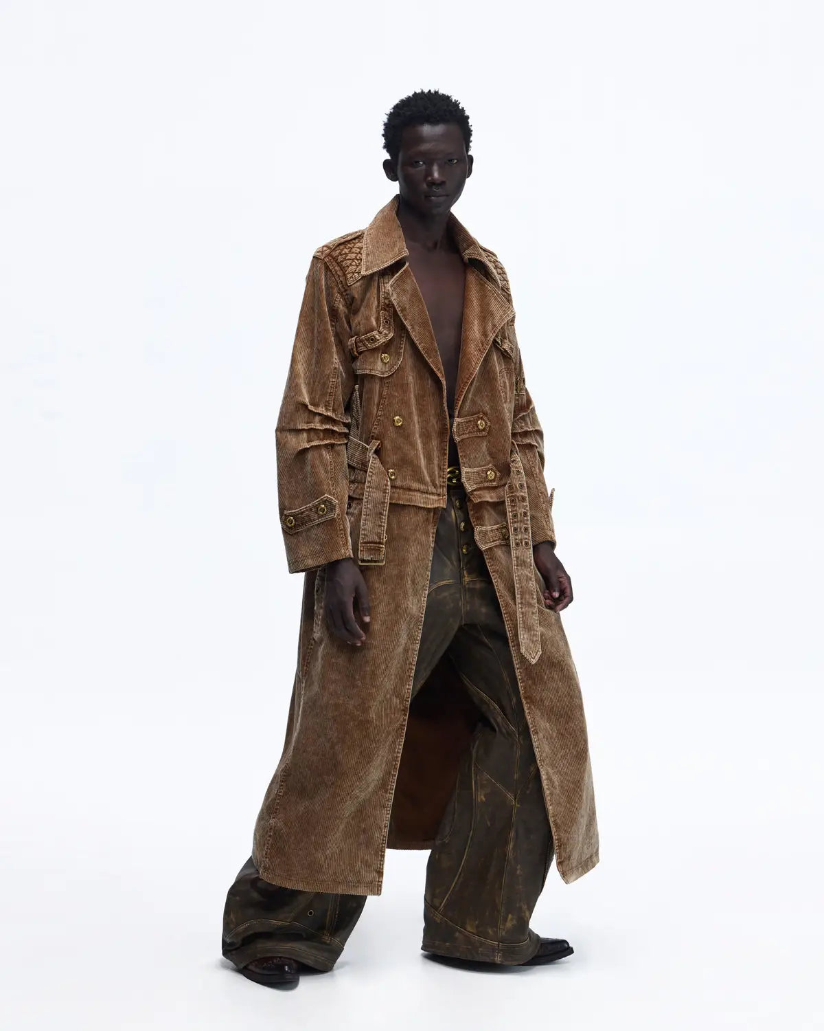 Personsoul Vintage Corduroy Trench Coat with Adjustable Length