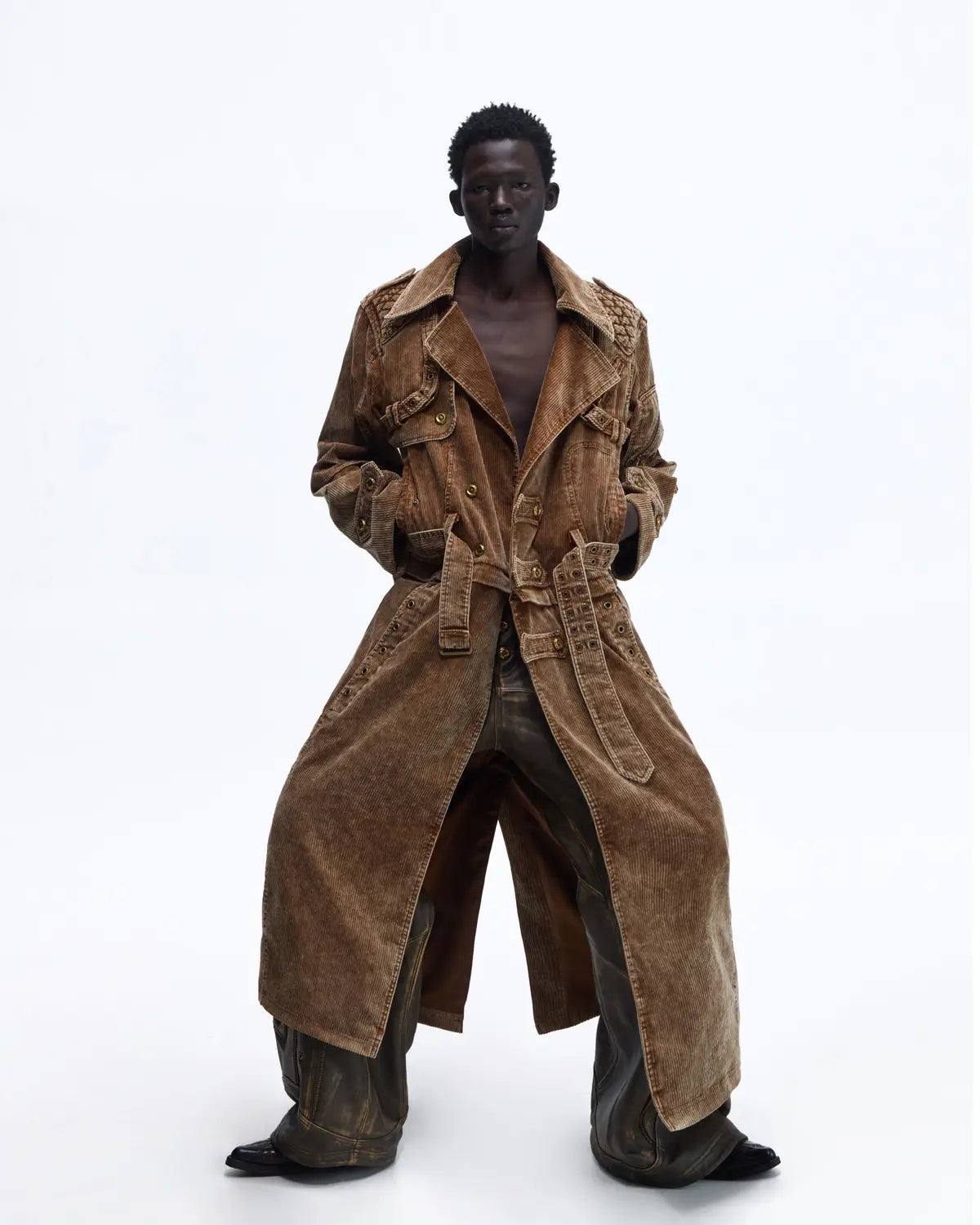 Personsoul Vintage Corduroy Trench Coat with Adjustable Length