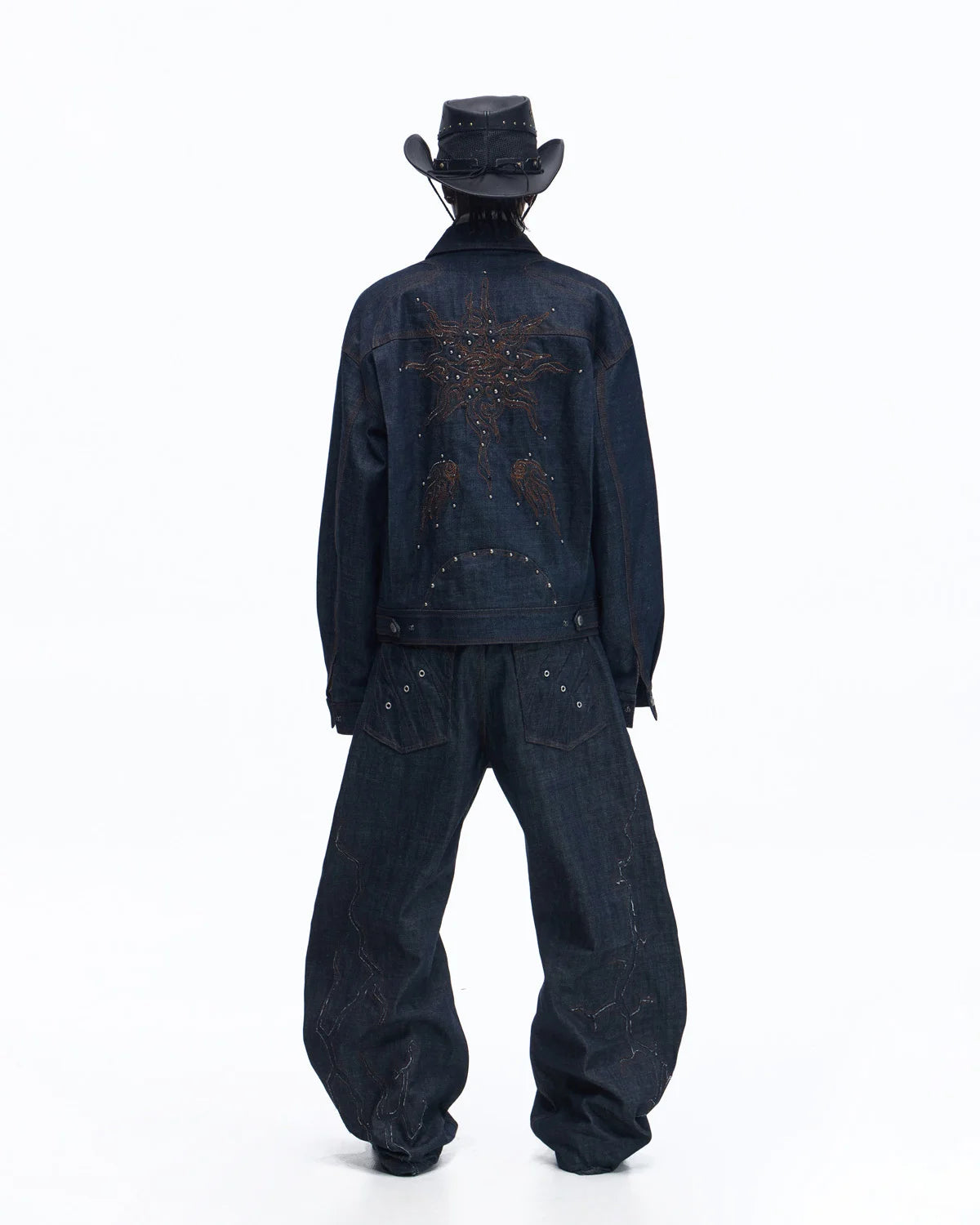 Personsoul Patchwork-Embroidered Raw Denim Scimitar Pants