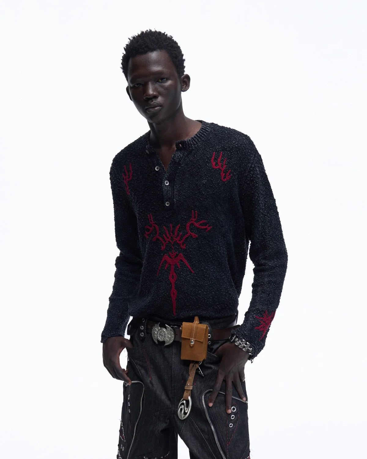 Personsoul Pom-Pom Long-Sleeve Henley Shirt