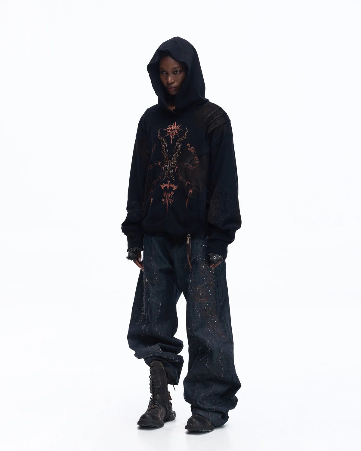 Personsoul Patchwork-Embroidered Raw Denim Scimitar Pants
