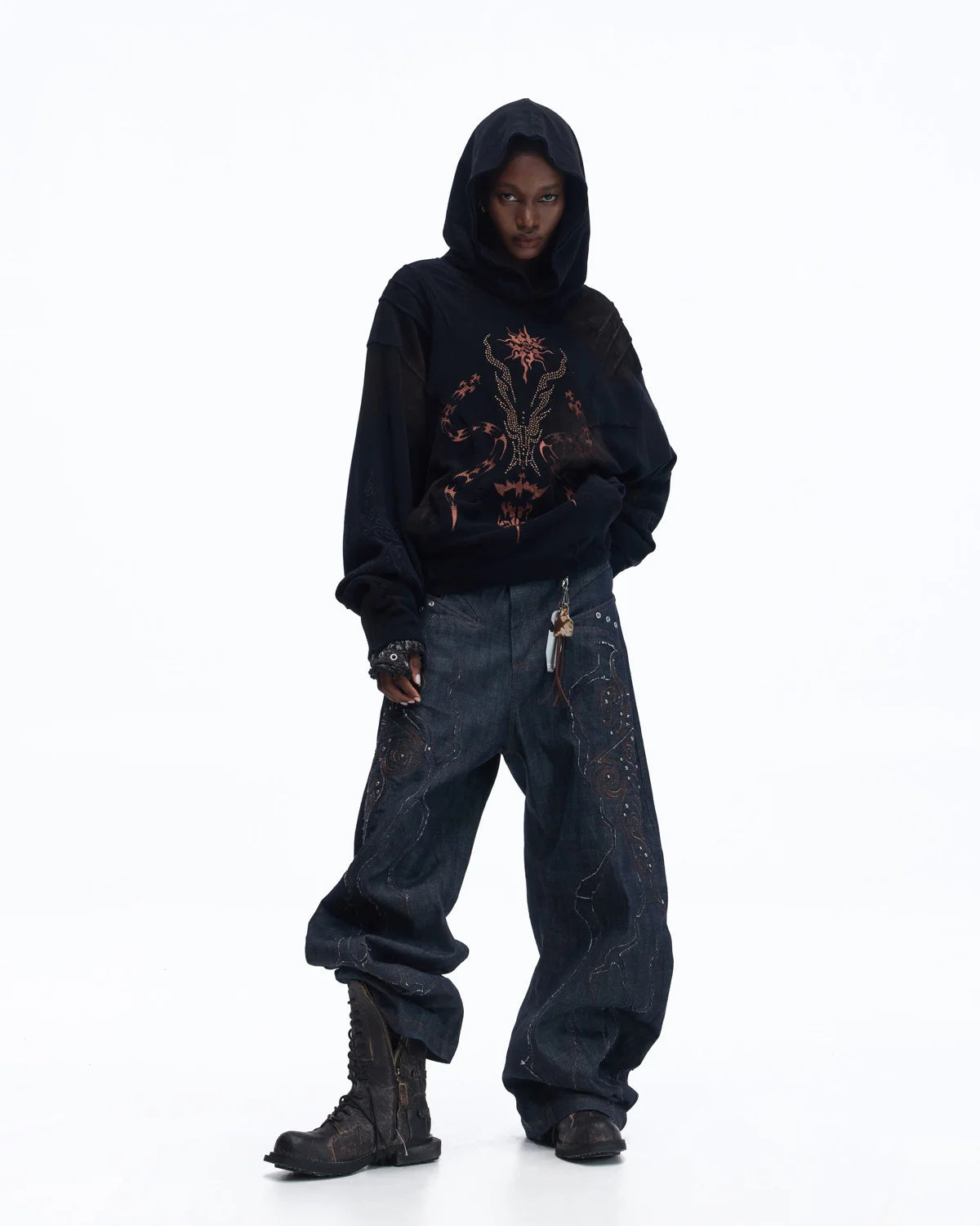 Personsoul Patchwork-Embroidered Raw Denim Scimitar Pants