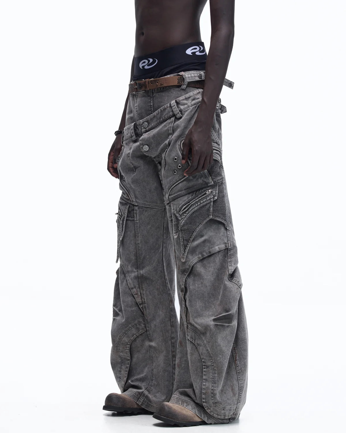 Personsoul Mock Double-Waist Wide-Leg Cargo Pants