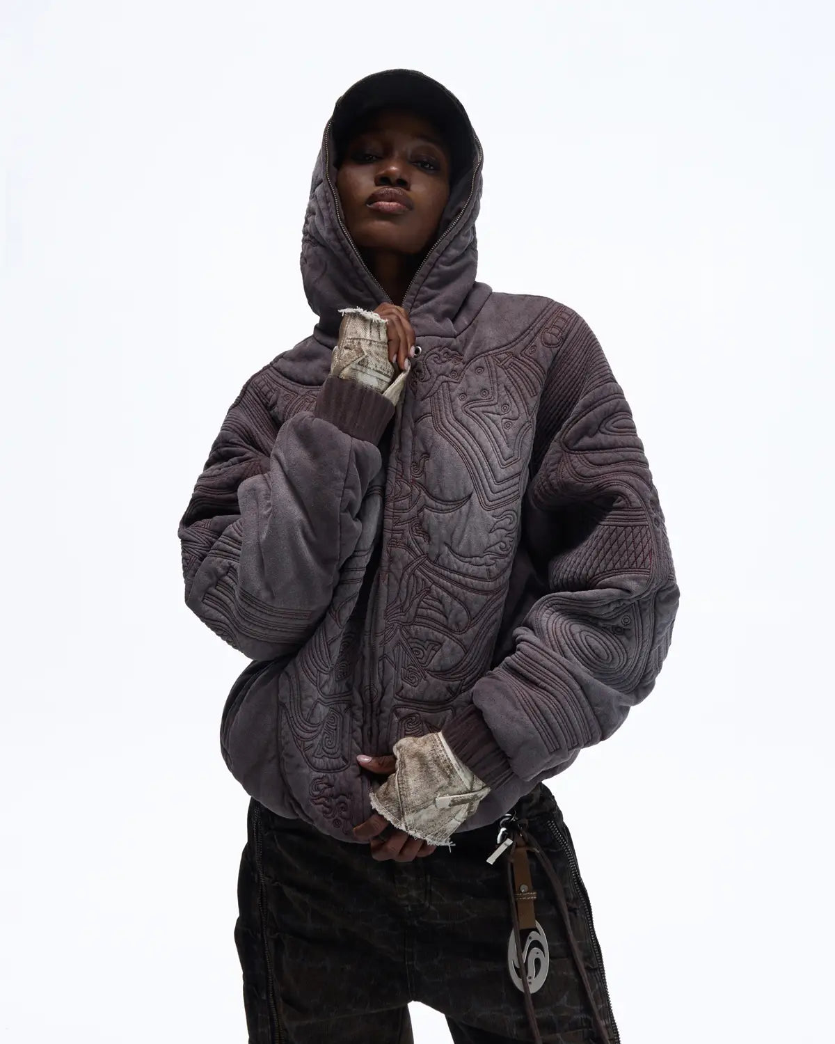 Personsoul Textured Full-Zip Hoodie with Chinese Motif Embroidery