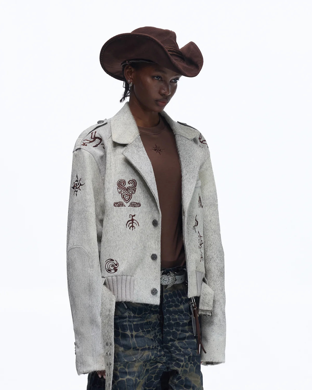 Personsoul Horse-Embroidered Leather Notch Collar Blazer