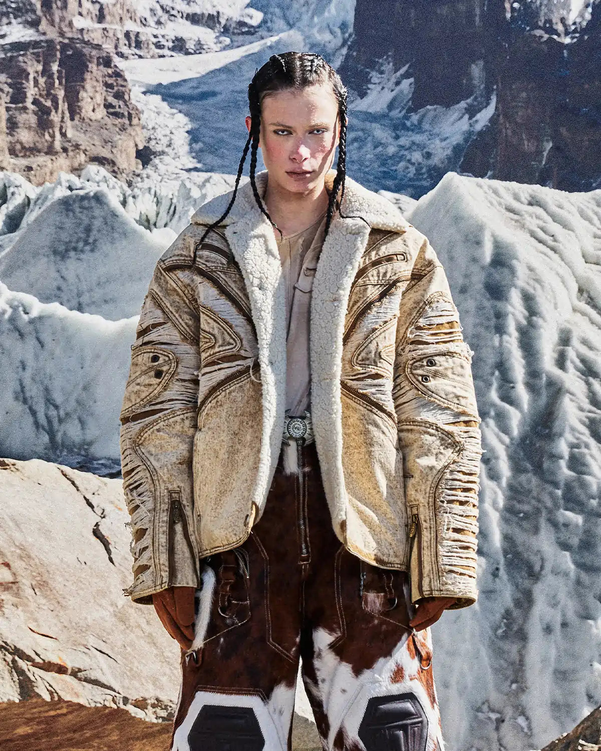 Personsoul Distressed Brown Denim Jacket with Faux-Fur Collar