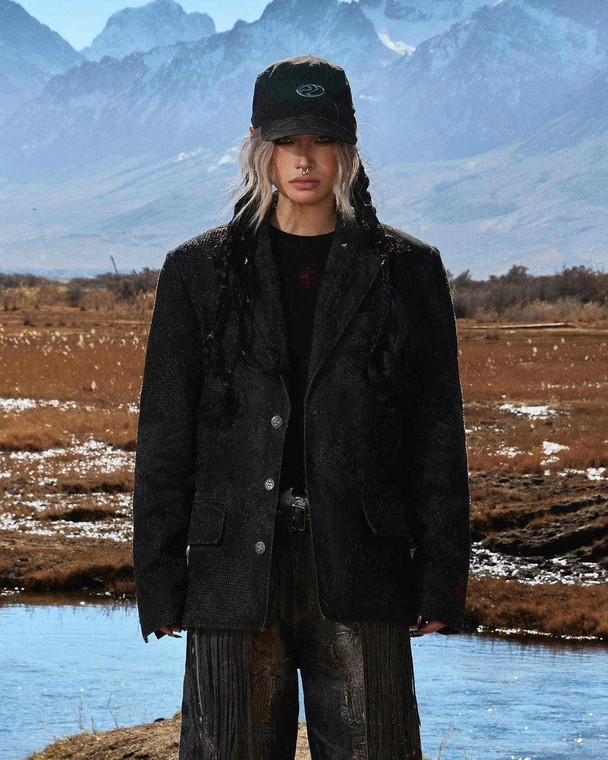 Personsoul Black Laser-Distressed Denim Blazer