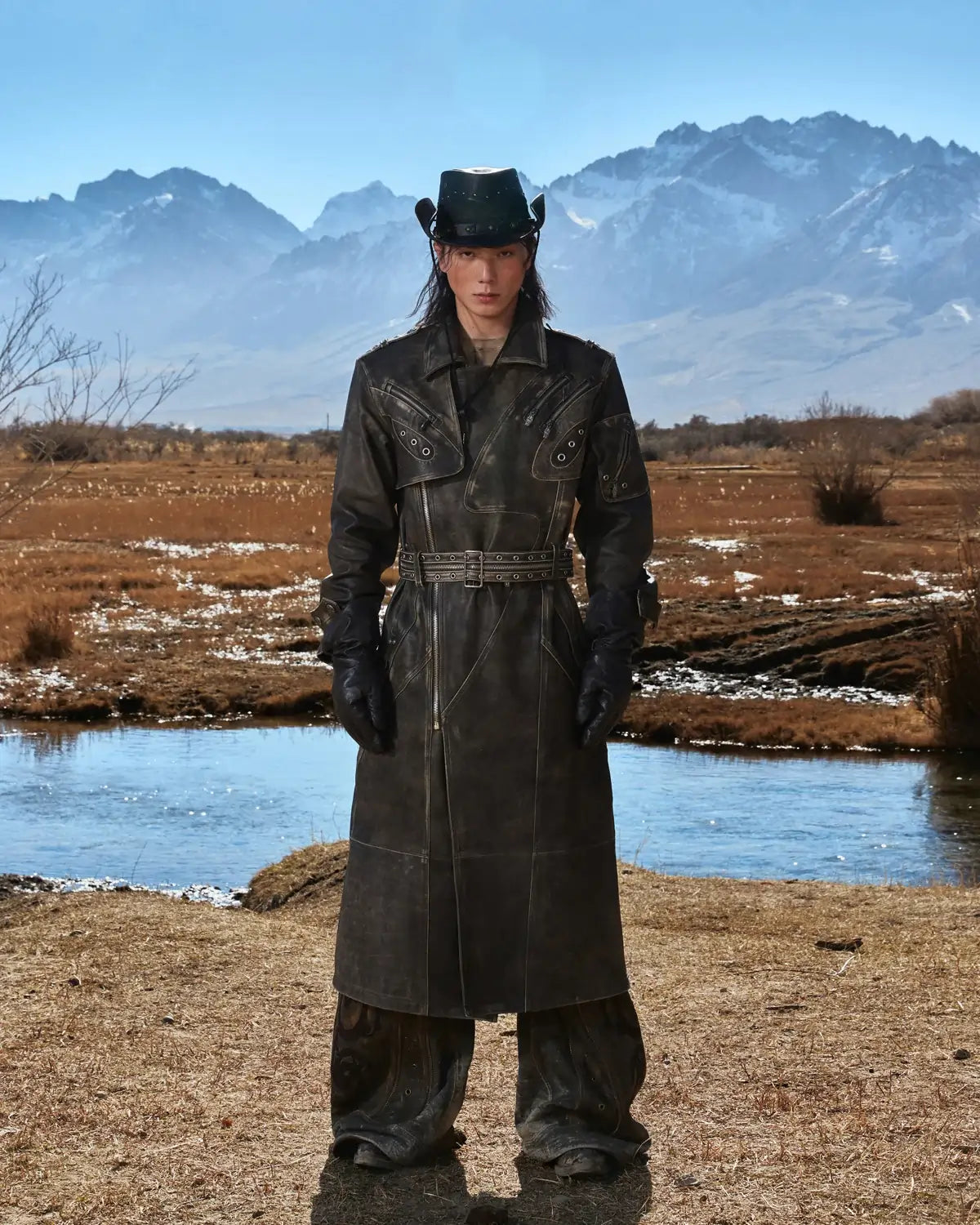 Personsoul Distressed Top-Grain Calf Leather Long Jacket(Limited