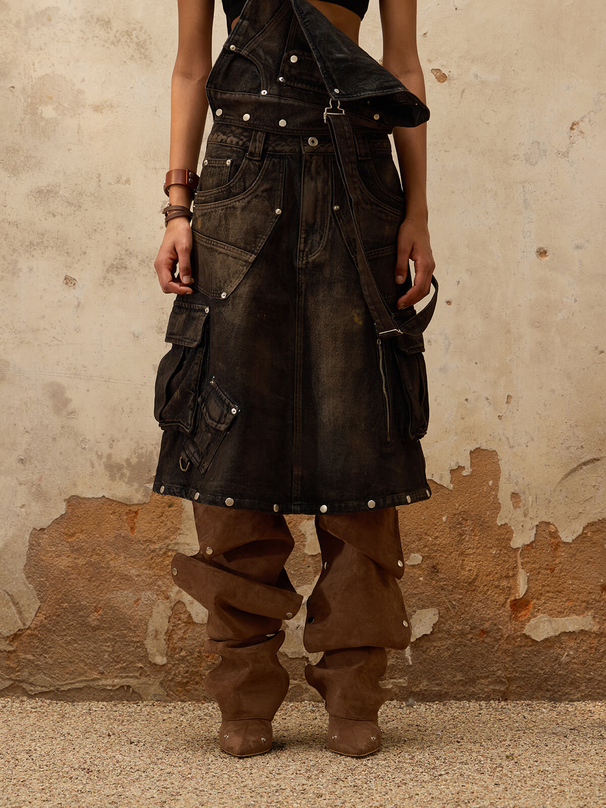 Personsoul Mud Maxi Denim Dungarees Skirt