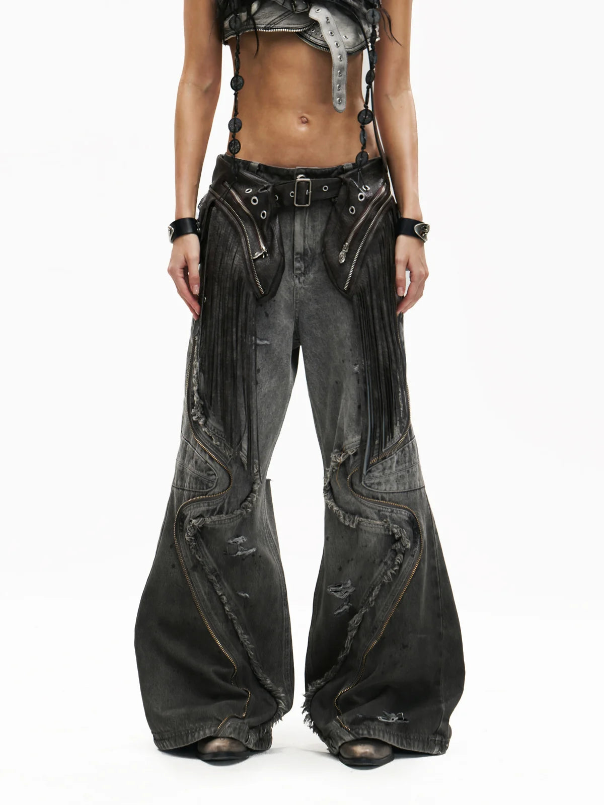 Personsoul Fringed Belt Raw Edge Jeans - personsoul Personsoul Fringed Belt Raw Edge Jeans - personsoul