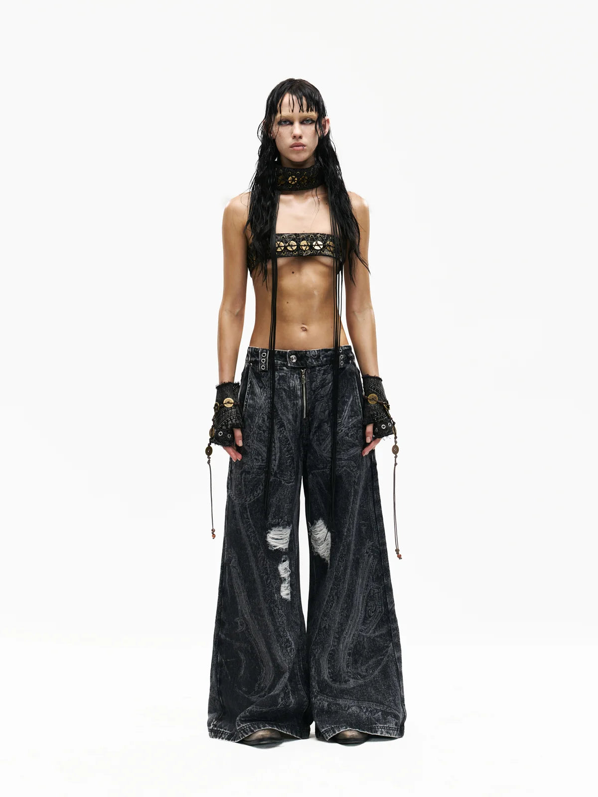 Personsoul Textured Black Print Ripped Jeans