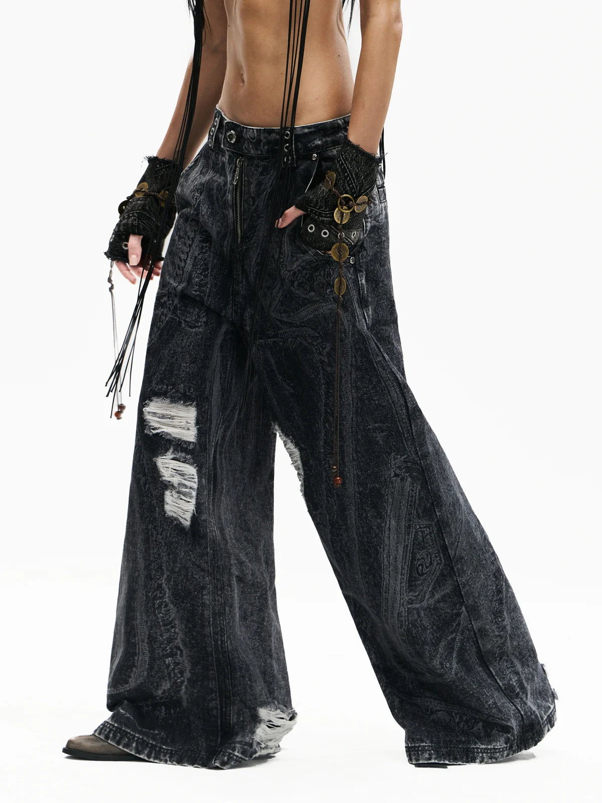 Personsoul Textured Black Print Ripped Jeans - personsoul Personsoul Textured Black Print Ripped Jeans - personsoul