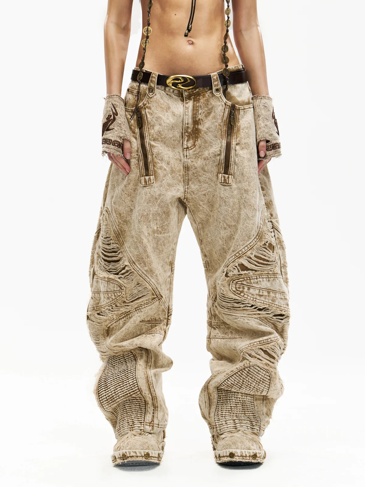 Personsoul Distroyed Apricot Baggy Jeans