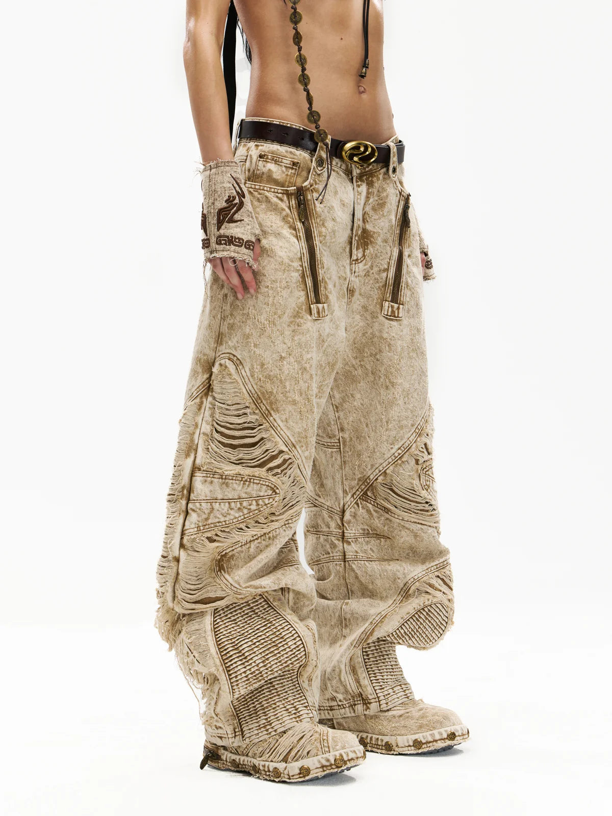 Personsoul Distroyed Apricot Baggy Jeans