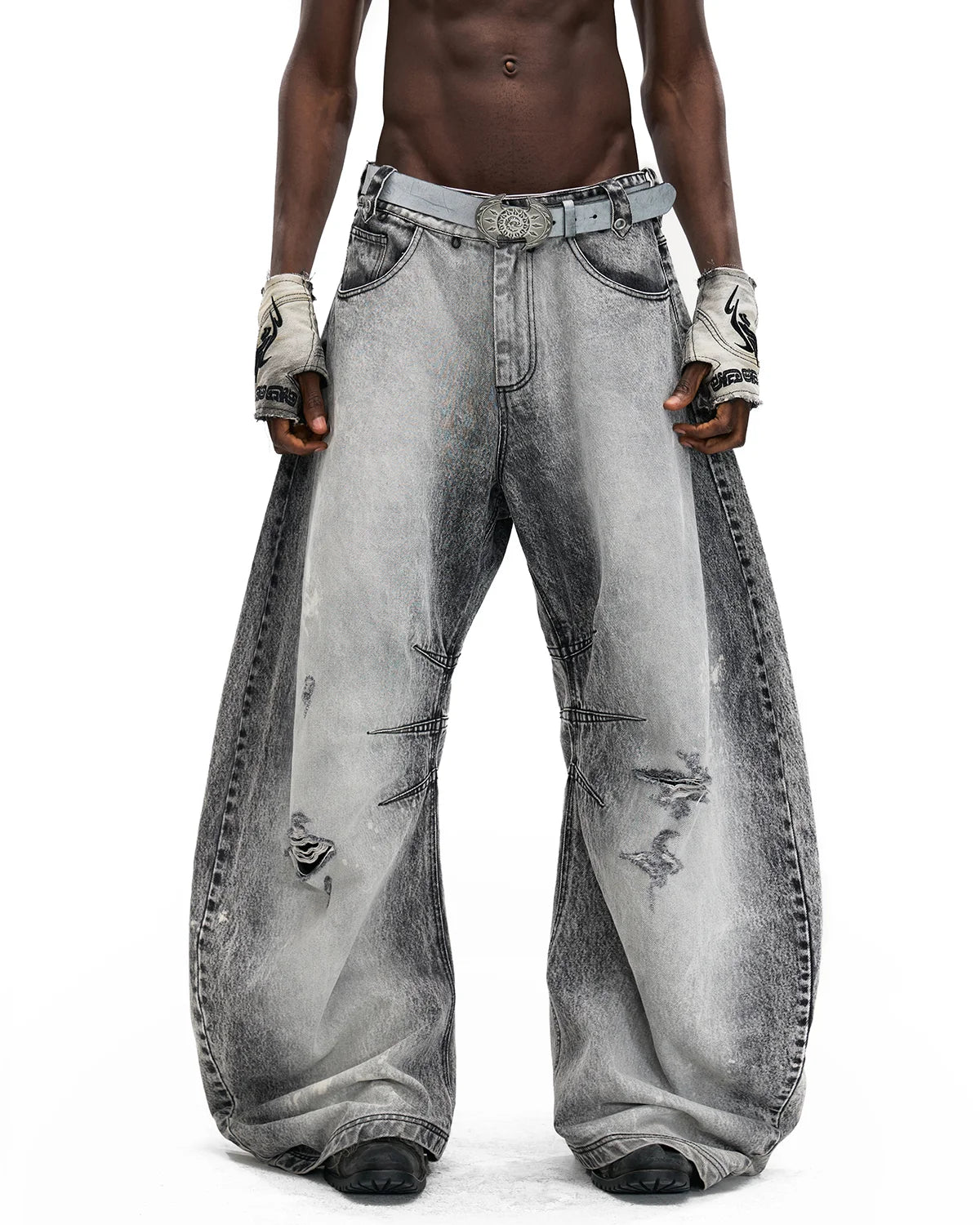 Personsoul Vintage Detachable Panel Curved-Leg Denim Jeans