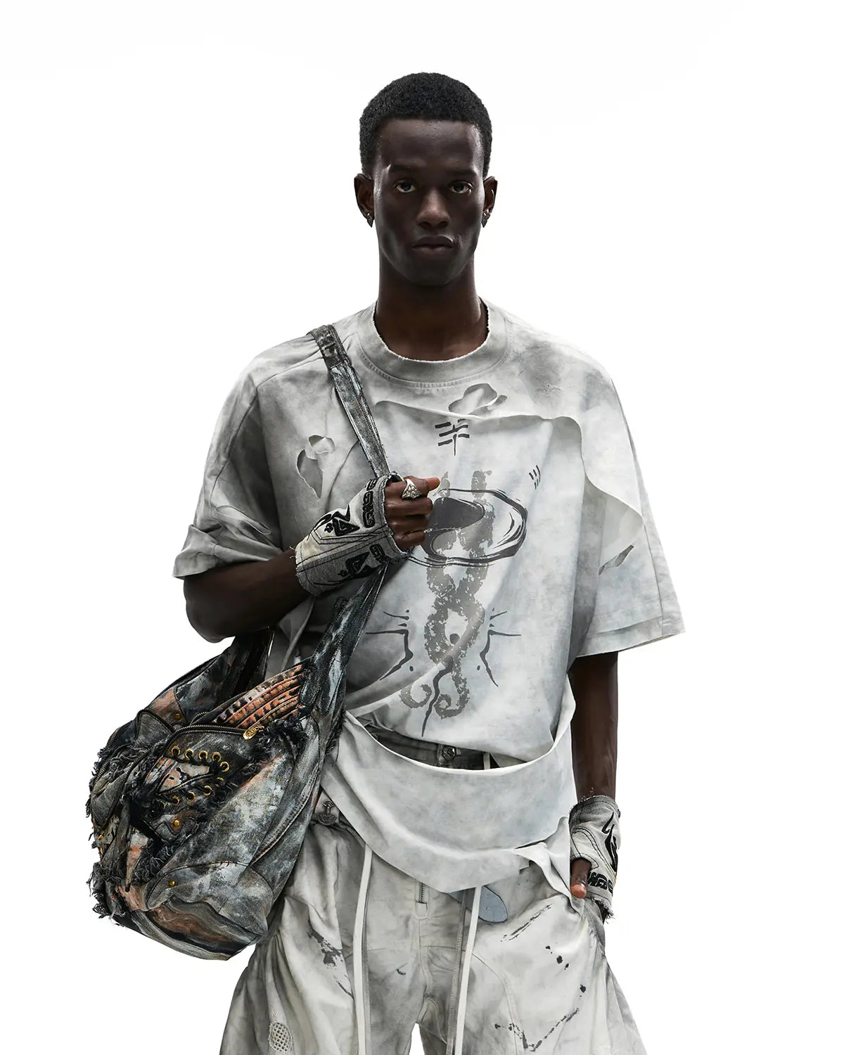 トップス personsoul damaged tshirt Personsoul Double-Layer Distressed Mythology Print T-Shirt White