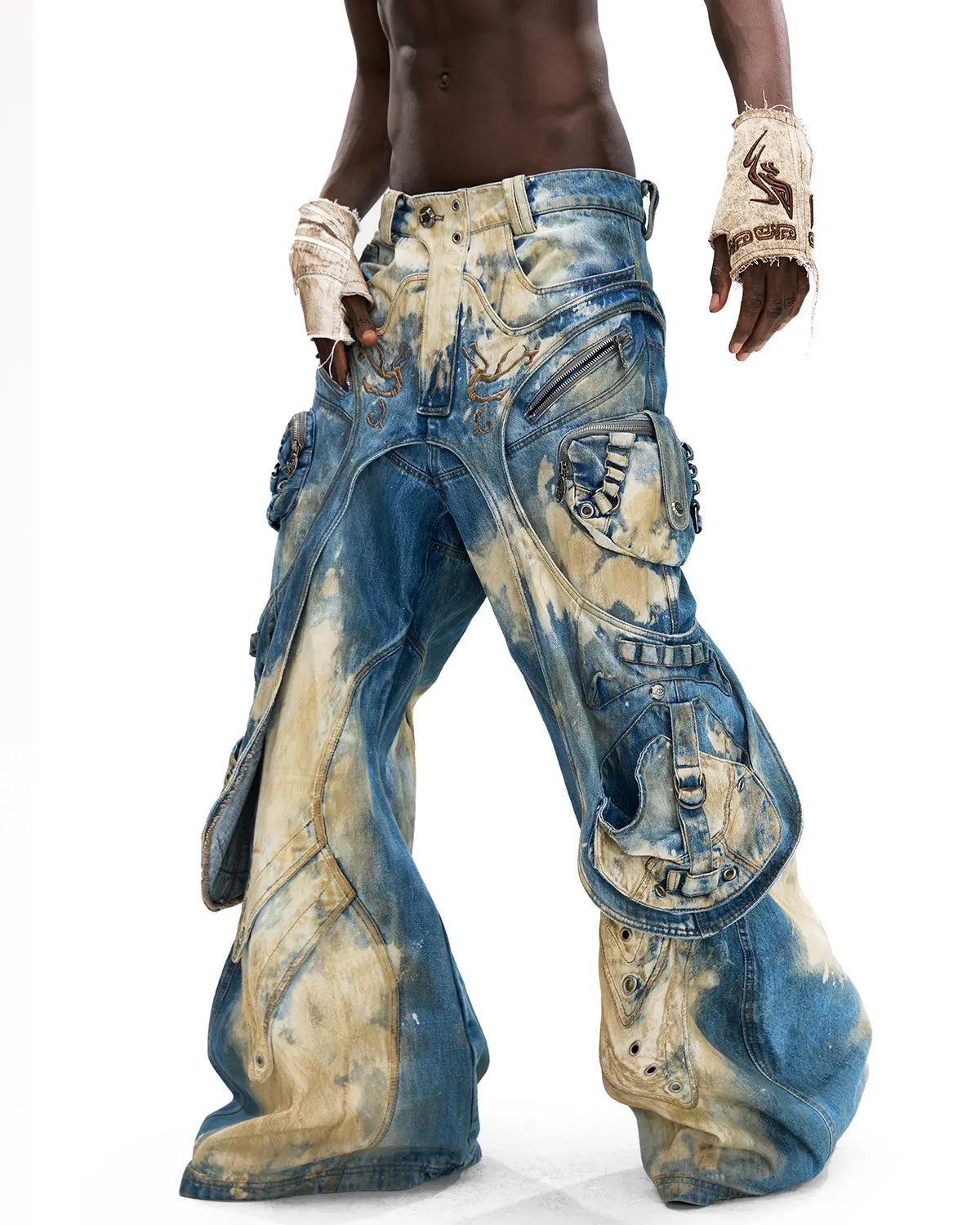 Personsoul Embroidered Blue-to-White Gradient Denim Jeans