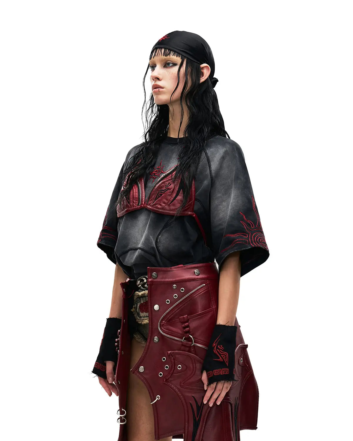 Personsoul Embroidered Mythical Beast Motif Bikini Top In Red