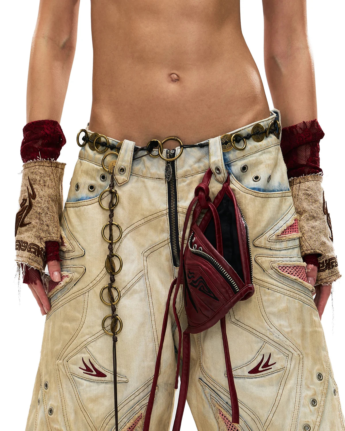 Personsoul Washed Embroidered Denim Gloves Brown