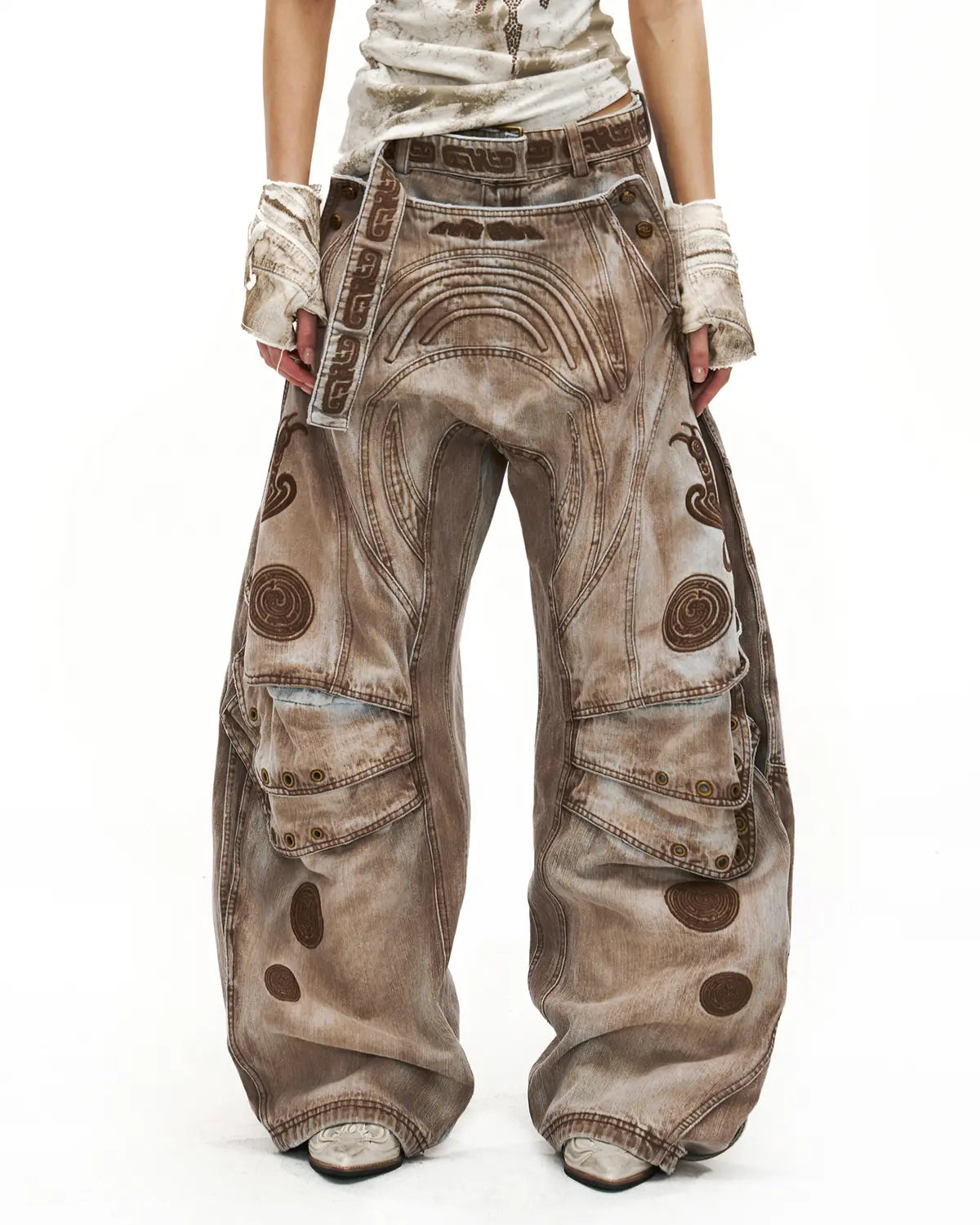 Personsoul Vintage Earth-Tone Faux-Layer Curved Jeans