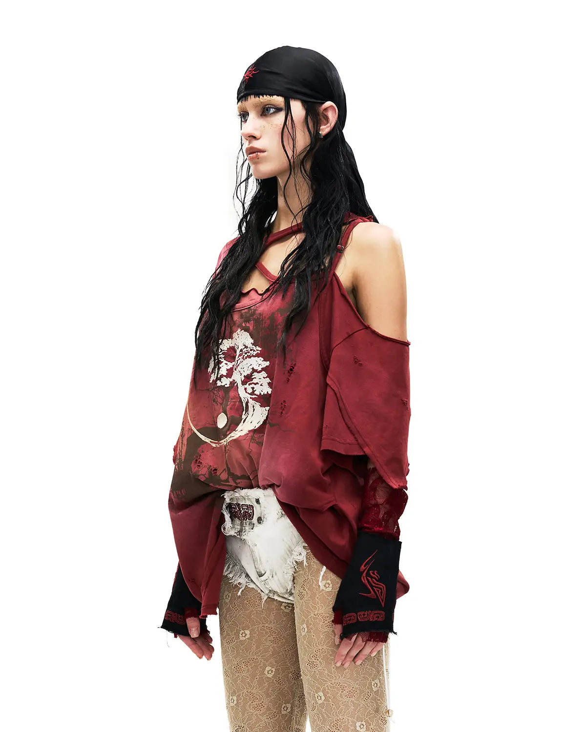 Personsoul Ink-Wash Distressed One-Shoulder T-Shirt In Red