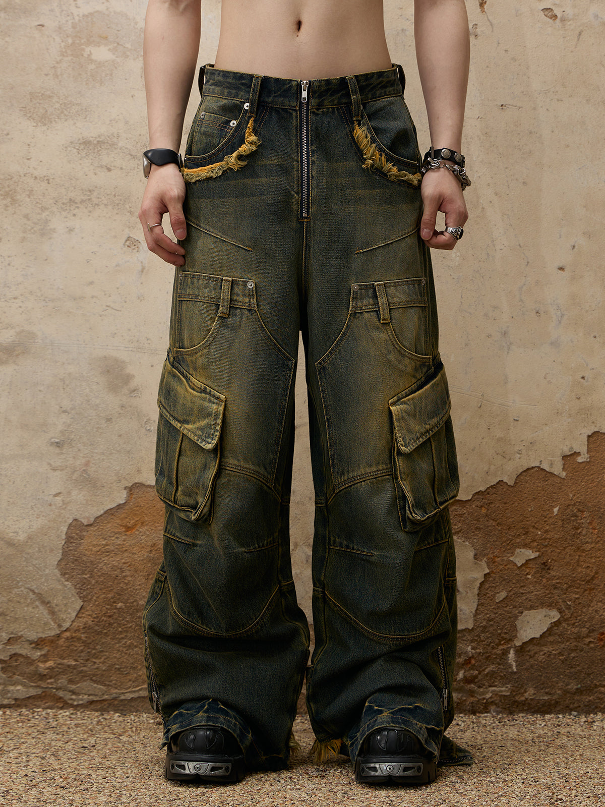 Personsoul Fade Wash Overall Denim Jeans