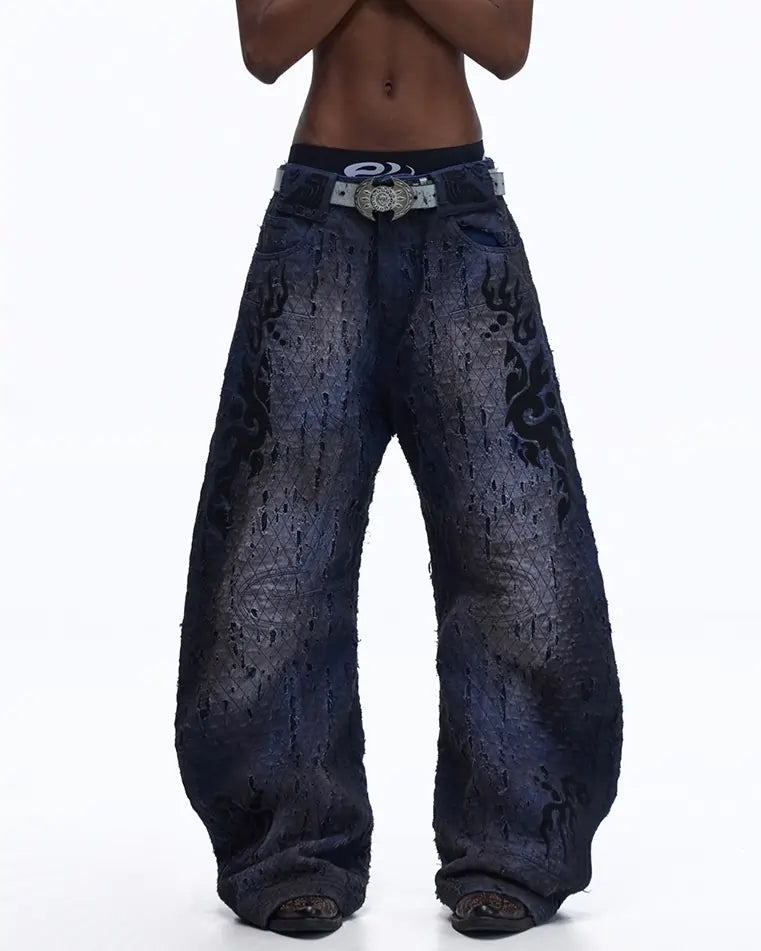 Personsoul Ripped Double-Layer Curved Jeans - personsoul