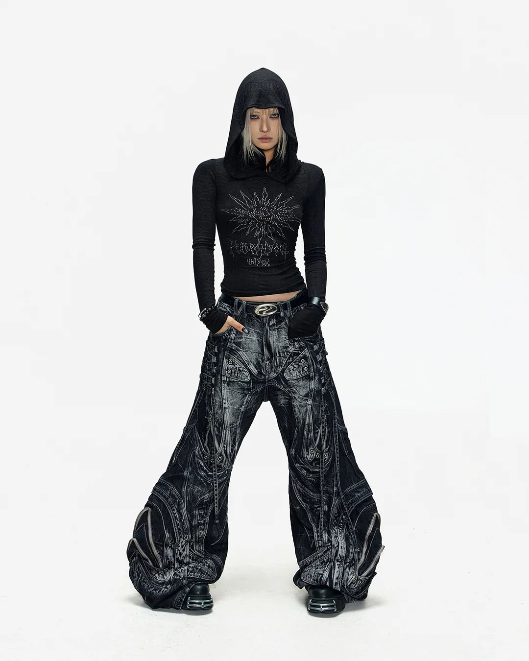 Deconstructed Exaggerated Flared Patchwork Jeans In Black
