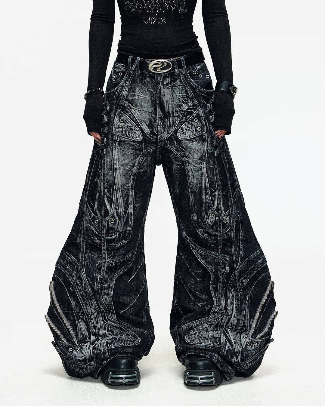 Deconstructed Flared Patchwork Denim Jeans Black - personsoul Deconstructed Flared Patchwork Denim Jeans Black - personsoul