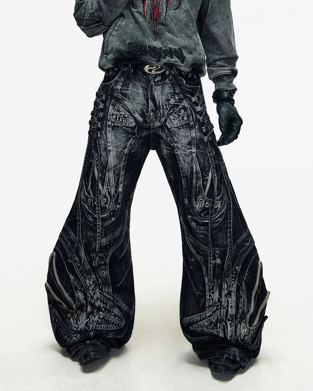 Deconstructed Exaggerated Flared Patchwork Jeans In Black