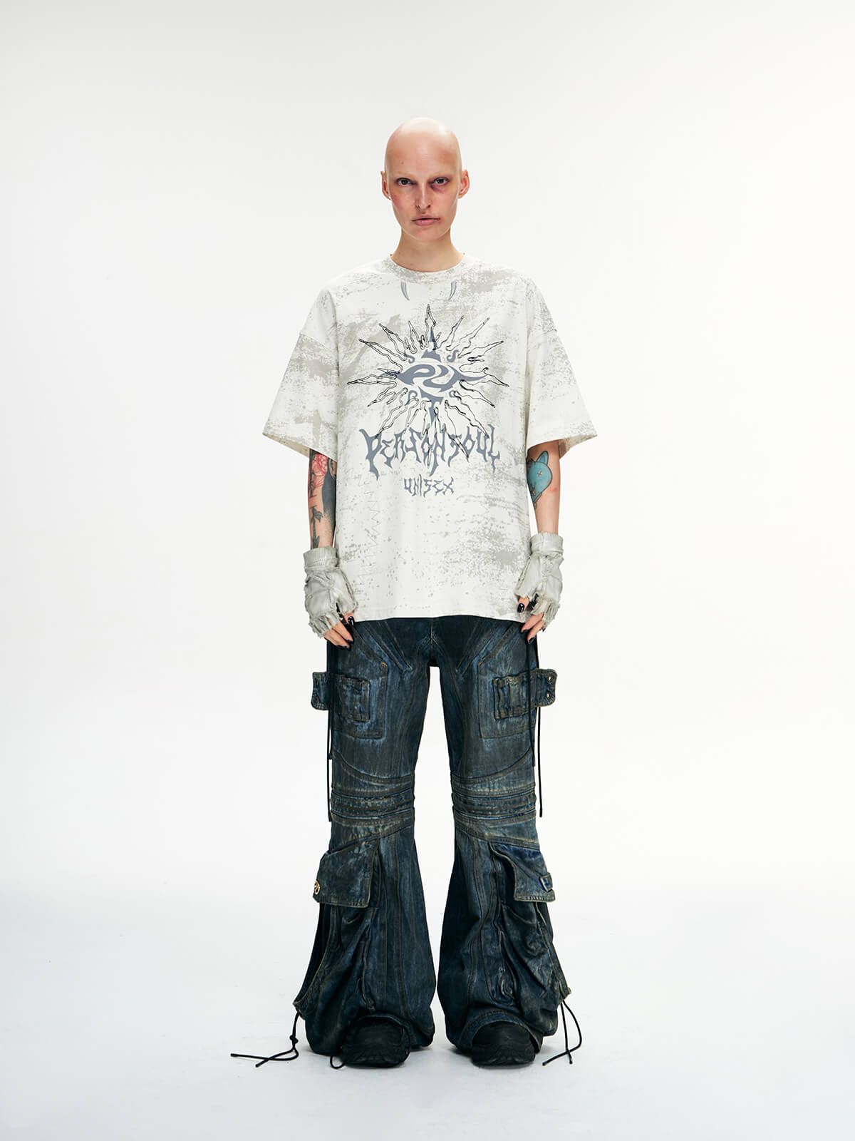 Personsoul Pocket Drawstring Washed Flared Jeans