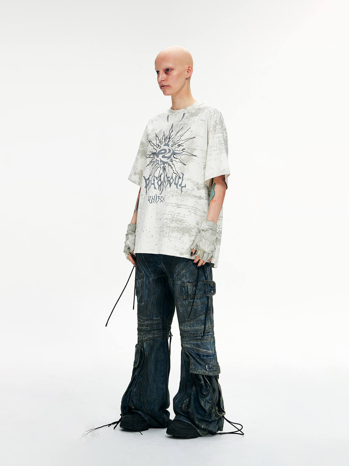 Personsoul Pocket Drawstring Washed Flared Jeans