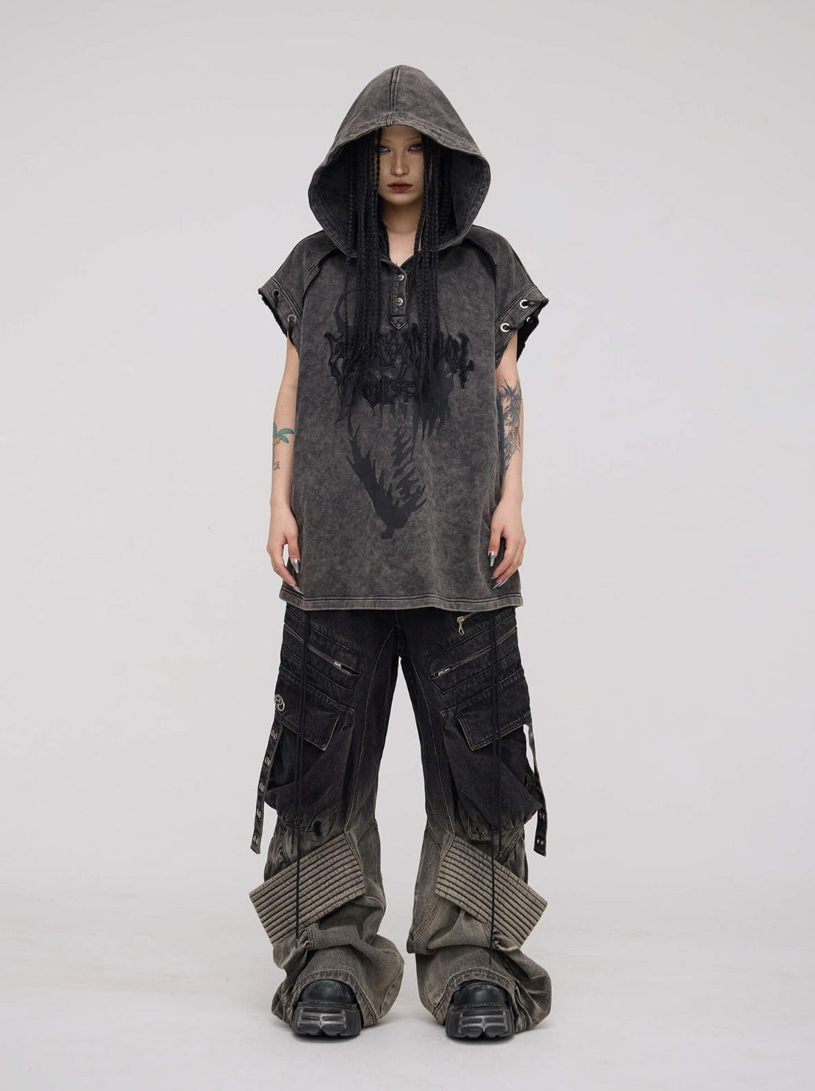 Personsoul Button Collar Hooded Sleeveless Sweatshirt
