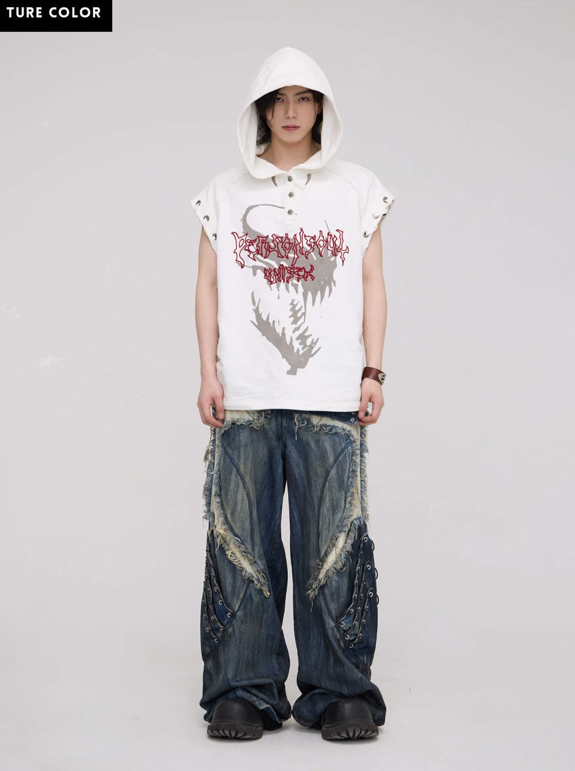Personsoul Button Collar Hooded Sleeveless Sweatshirt