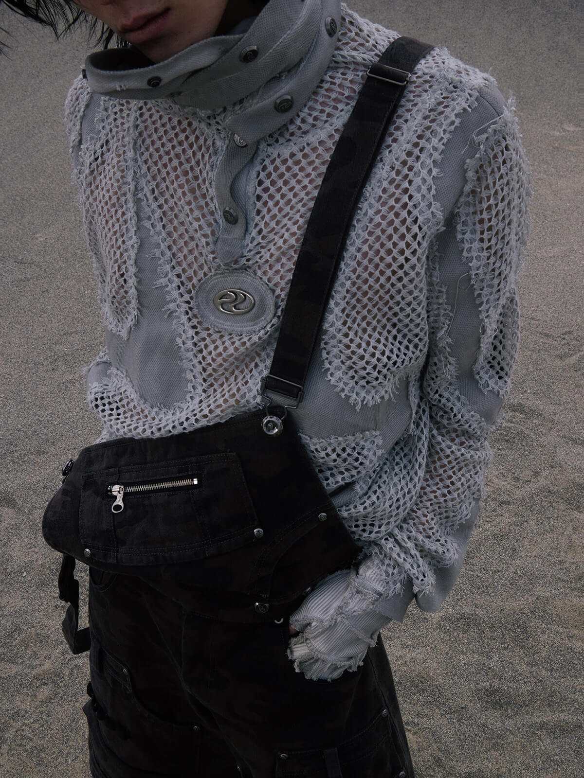 Personsoul Split Mesh Hooded Long Sleeves Top