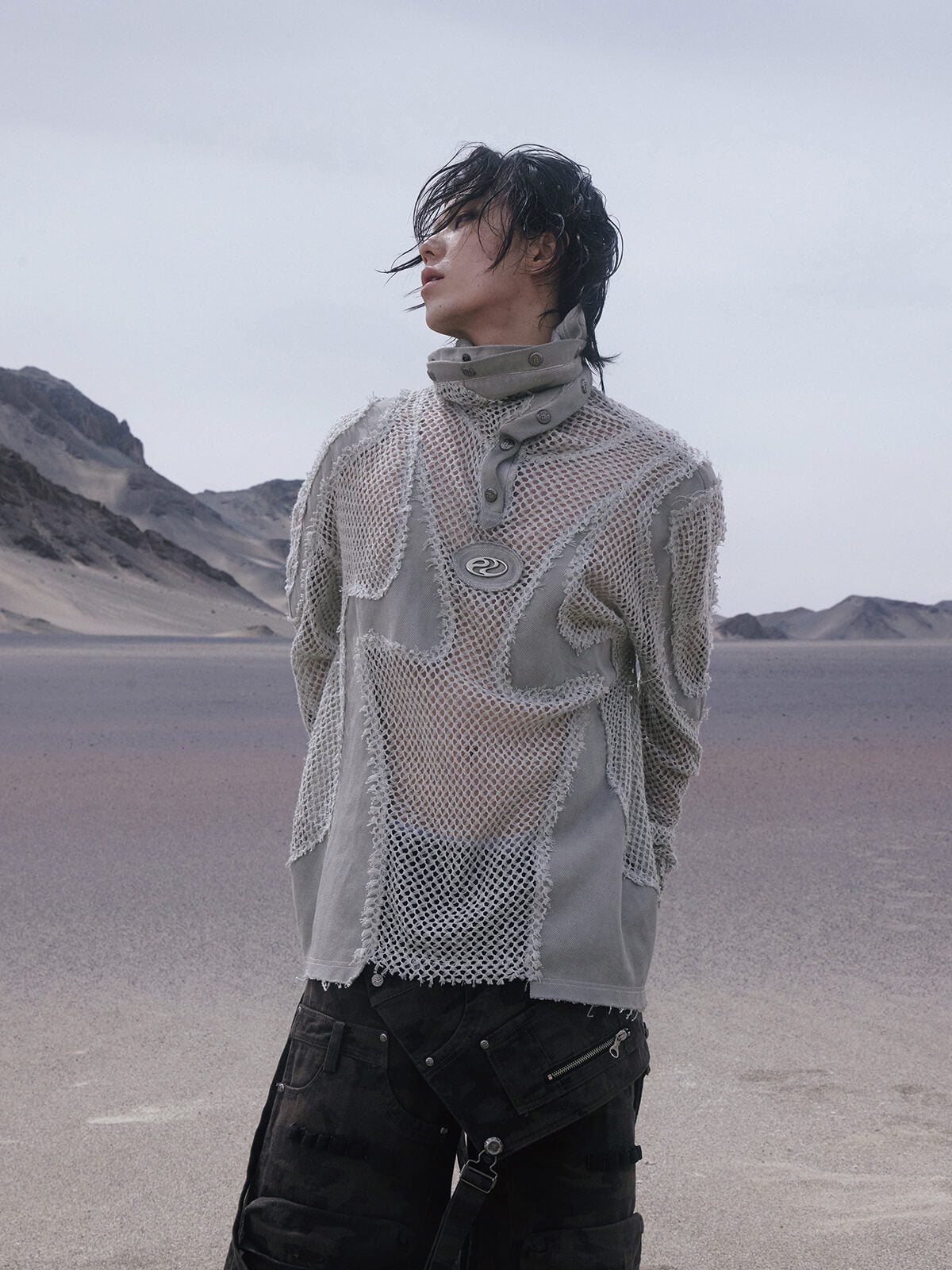 Personsoul Split Mesh Hooded Long Sleeves Top