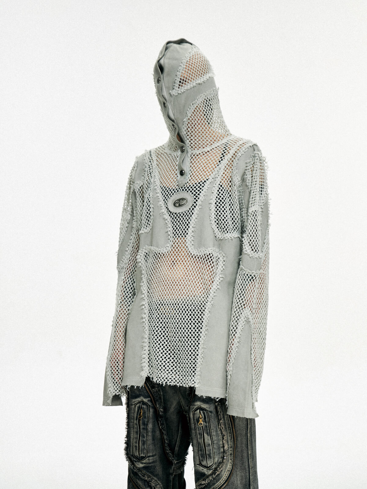 Personsoul Split Mesh Hooded Long Sleeves Top