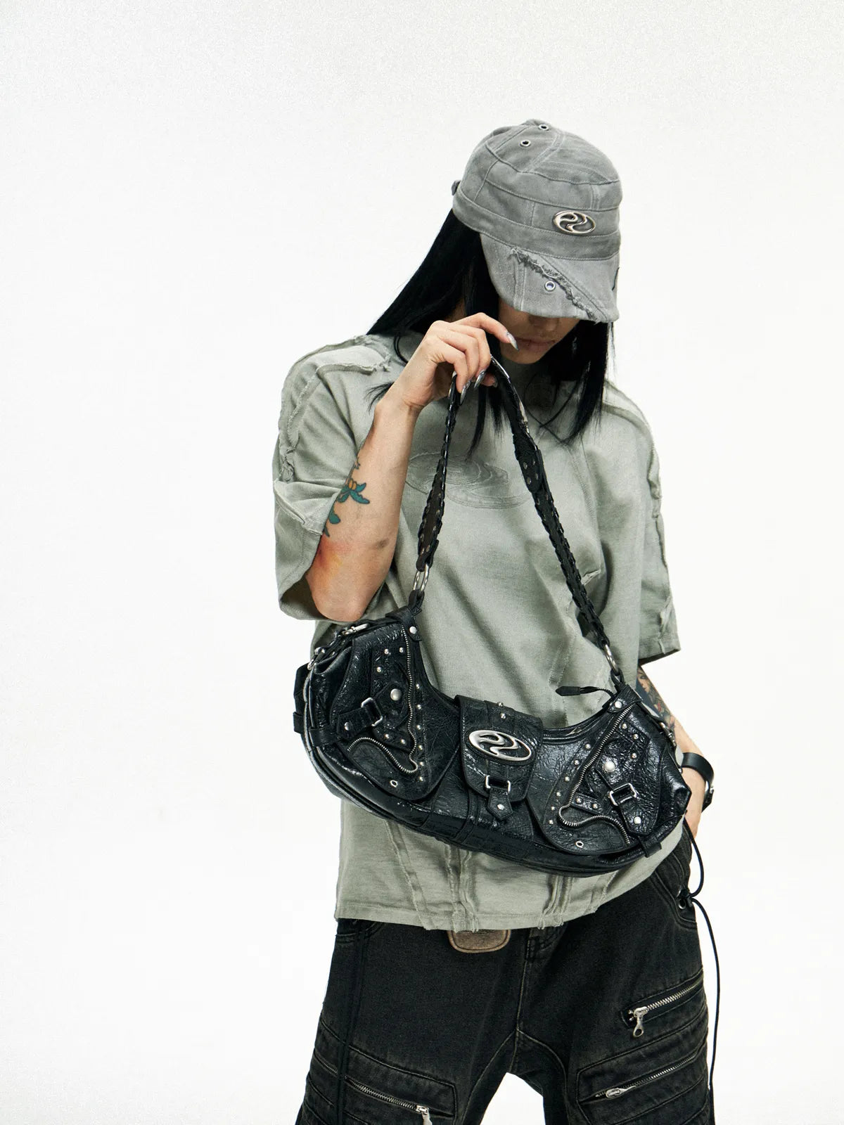 Personsoul Techwear Metal Leather Shoulder Bag