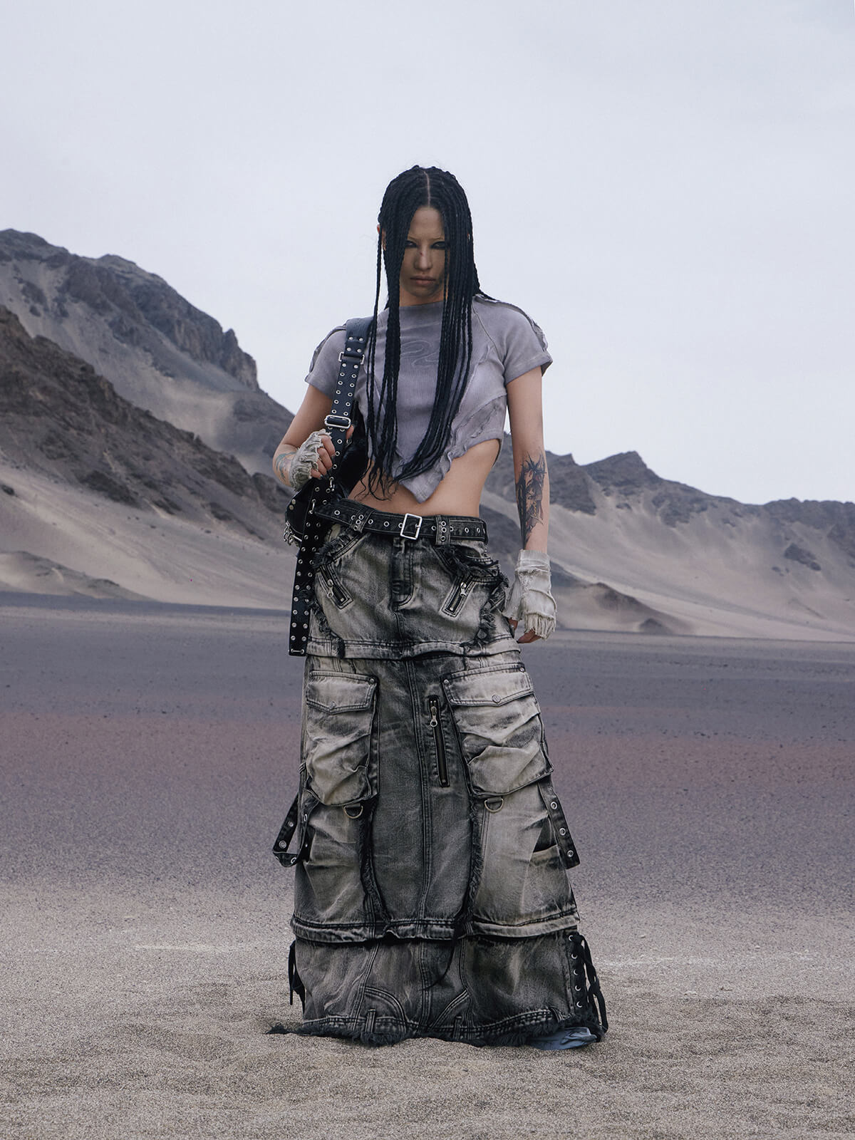 Personsoul Three-Stage Faded Maxi Denim Skirt