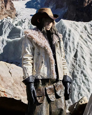 Personsoul Cracked Sheepskin and Mosner Wool Stand Collar Jacket