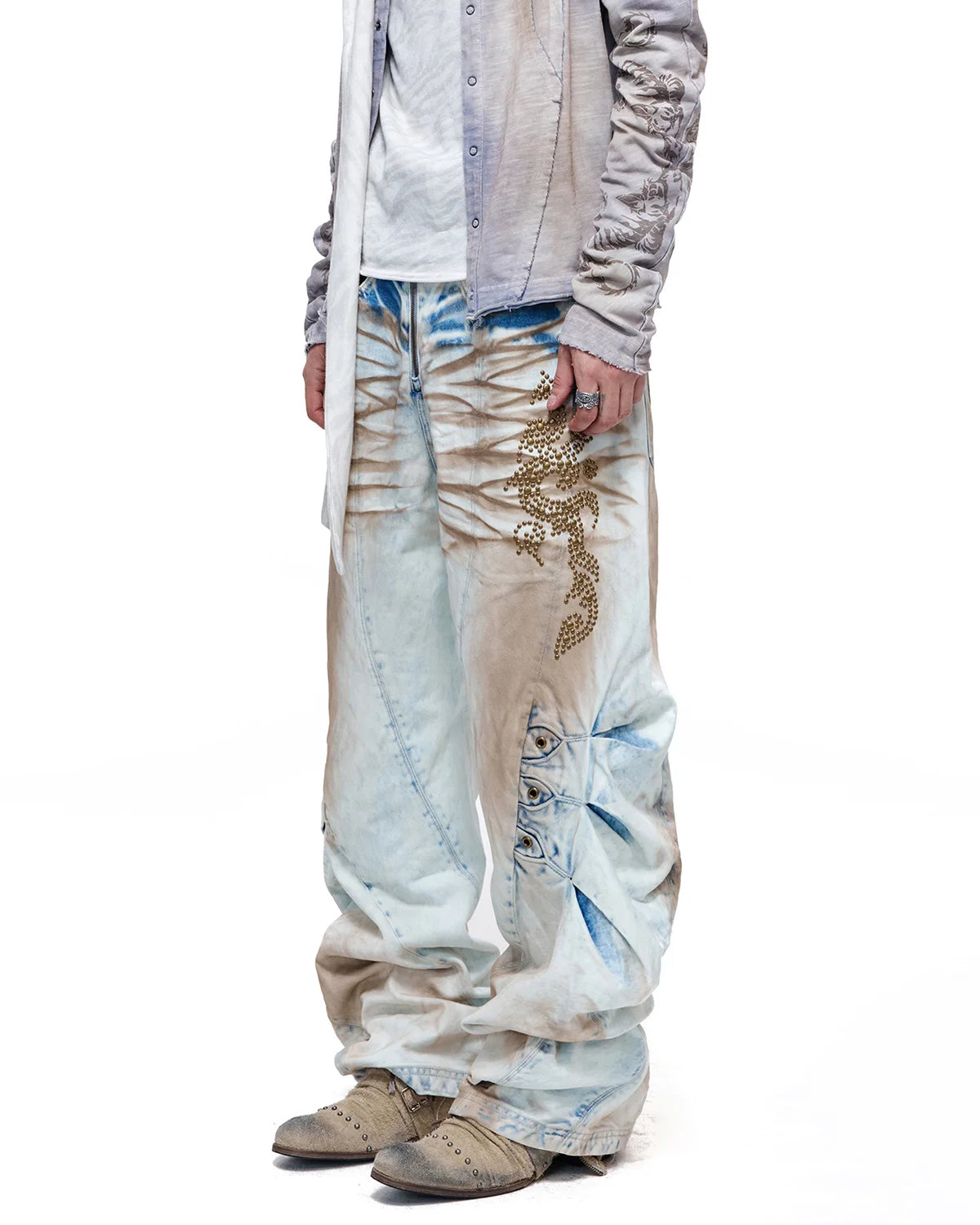 Personsoul Whiskered Rhinestone Vintage Denim Jeans